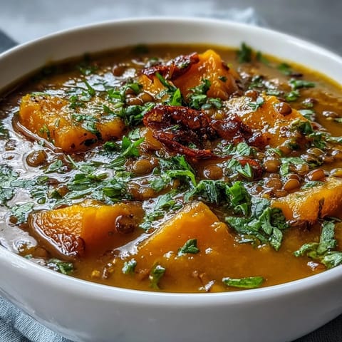 Golden roasted butternut squash and lentil soup served hot in a rustic bowl, garnished with fresh cilantro and a lemon wedge for zest.