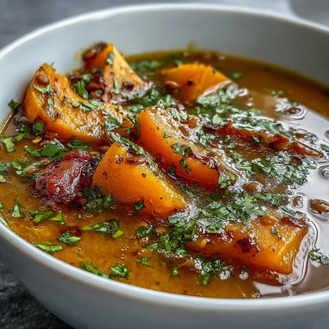 A steaming bowl of butternut squash and lentil soup with creamy texture, featuring red lentils, carrots, and aromatic spices like cumin and turmeric.