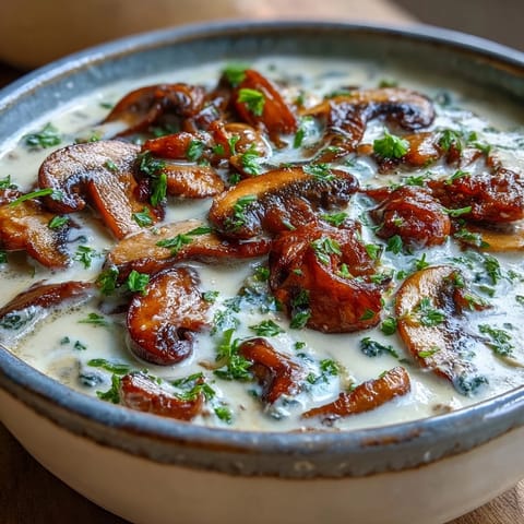 A warm bowl of Creamy Mushroom Stroganoff Soup garnished with fresh parsley and a dollop of sour cream.