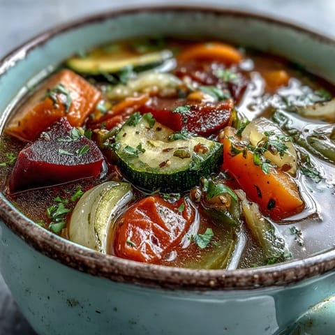 A bowl of Rainbow Vegetable Detox Soup filled with bright red beets, orange carrots, and green zucchini in a savory broth.