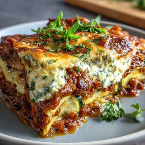 Golden, bubbling One-Pan Smoky Veggie Lentil Lasagne fresh from the oven with fresh basil garnish.