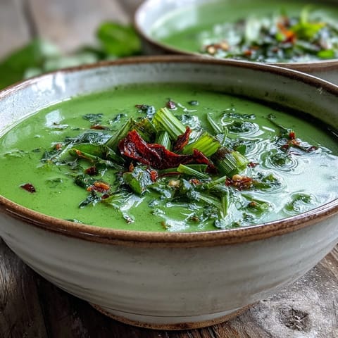 Steaming bowl of Spinach Coriander Lemongrass Soup topped with fresh cilantro and chili slices.