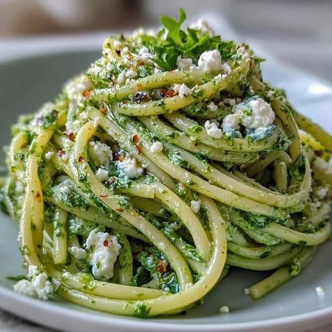 A vibrant bowl of Linguine with Arugula Pesto garnished with fresh arugula leaves and Parmesan, ready to serve immediately.