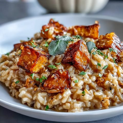 Creamy Vegan Pumpkin Risotto topped with golden roasted pumpkin cubes and crispy sage leaves on a rustic wooden table.