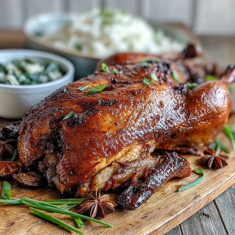 Golden-brown Five-Spice Roast Ducks resting after roasting, served with rice and greens on a romantic plate.