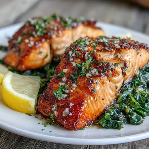 Golden, crispy-skinned Air Fryer Salmon and Swiss Chard glistens with fresh lemon wedges on a rustic plate.