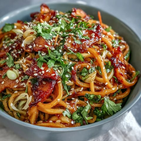 Roasted swede ribbons tossed in spicy gochujang dressing and rice noodles, garnished with fresh cilantro and sesame seeds.