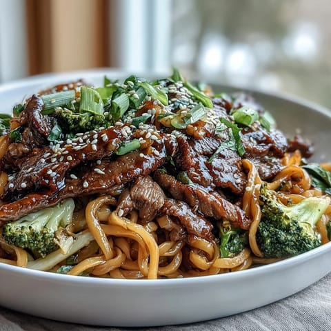 Tender flank steak and crisp vegetables are tossed with silky rice noodles in a glossy soy-ginger sauce in a skillet.