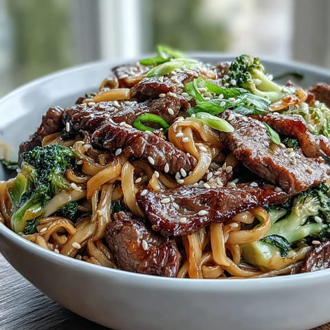 A close-up of Korean Beef Noodles, featuring glossy noodles, sautéed broccoli, bell peppers, and sesame seeds for a hearty family dinner.