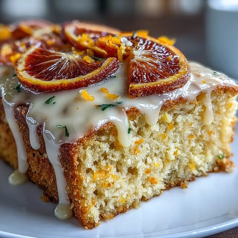 Freshly glazed Heavenly Blood Orange Yogurt Cake with creamy texture on a rustic wooden table.