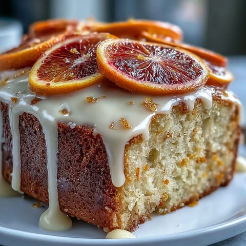A slice of Heavenly Blood Orange Yogurt Cake next to a cup of tea and fresh berries.
