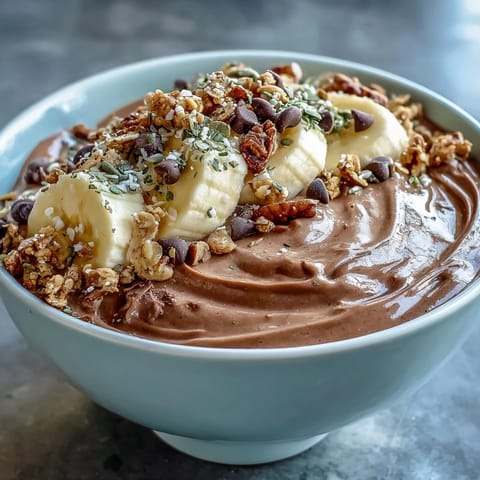 Two bowls of Chunky Monkey Smoothie Bowls topped with sliced bananas, granola, and cacao nibs, showing a thick and creamy texture.