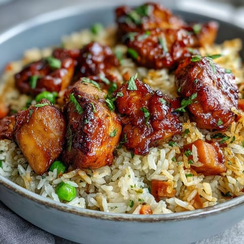 A close-up of the One-Pan Bold Honey BBQ Chicken Rice reveals glazed chicken thighs, fluffy grains, and colorful bell peppers and peas. The glossy, bold sauce looks delicious and sticky.