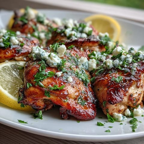 Juicy Greek Chicken with Lemon and Feta piled high on a white plate with fresh parsley and lemon wedges.
