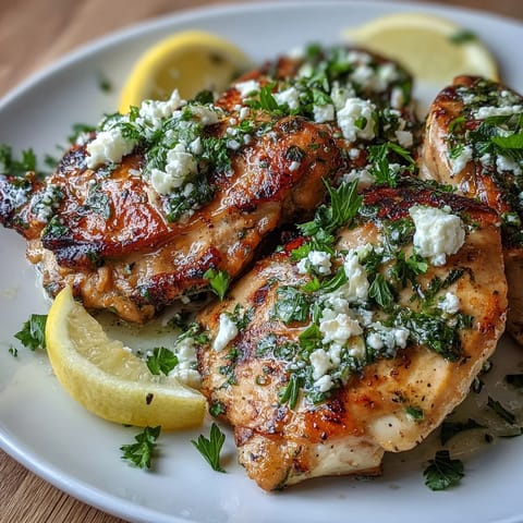 Sizzling Greek Chicken with Lemon and Feta cooking in a skillet, garnished with crumbled feta and fresh herbs.