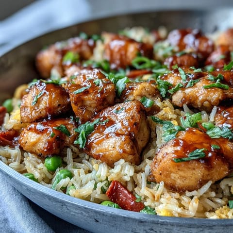 Bright orange honey BBQ sauce coats tender chicken pieces atop fluffy rice and steamed mixed vegetables in this One-Pan Bold Honey BBQ Chicken Rice. A finished one-pan meal ready to be served.