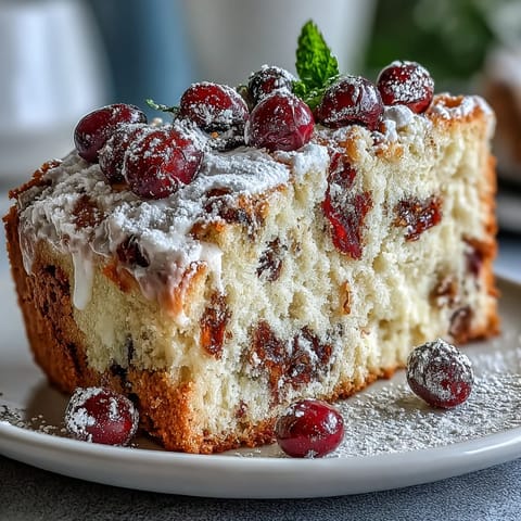 A freshly baked Cranberry Orange Breakfast Cake shows a golden-brown top with vibrant red cranberries and bright orange zest speckles, dusted with powdered sugar. 