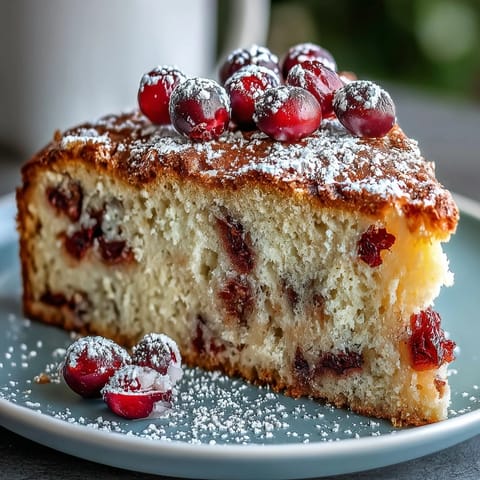 A slice of moist Cranberry Orange Breakfast Cake on a plate reveals a tender crumb studded with tart cranberries and citrusy zest. 