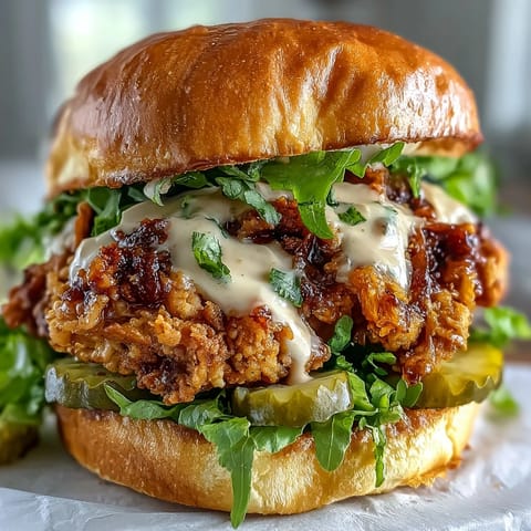 A juicy Spicy Chicken Sandwich with Creamy Homemade Sauce drizzled generously, ready to serve alongside crispy fries.