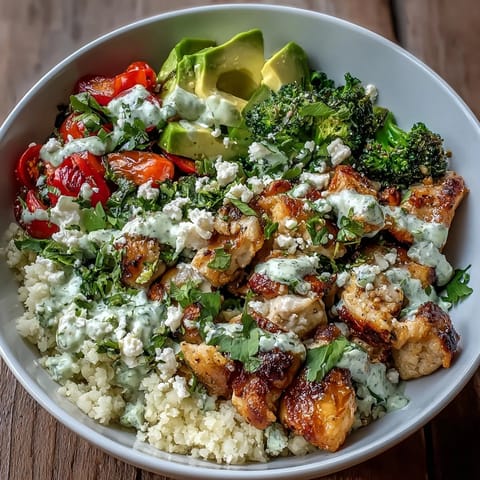 Golden seared chicken sits atop fluffy cauliflower rice with bright red bell peppers and avocado slices.