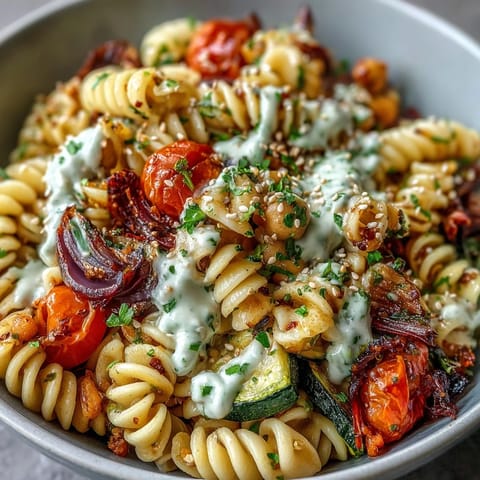 A vibrant chickpea pasta bowl features Mediterranean roasted vegetables and a rich lemon-tahini dressing, ready to be enjoyed as a wholesome vegan dinner.