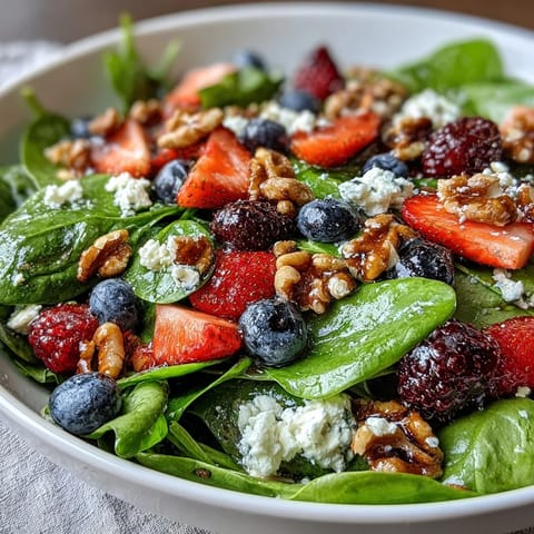 Fresh baby spinach and vibrant mixed berries are tossed with crumbled goat cheese, toasted pecans, and a sweet balsamic vinaigrette in a serving bowl.