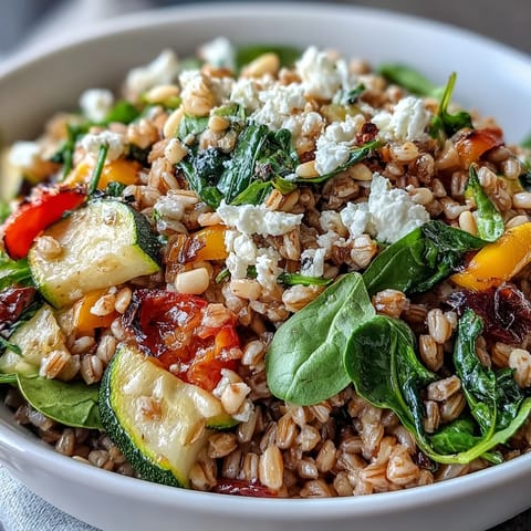 Zesty Farro Pasta Bowl featuring colorful bell peppers, cherry tomatoes, and spinach drizzled with lemony olive oil.