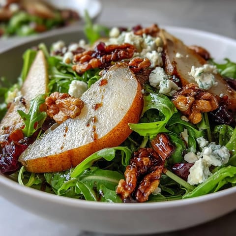 Fresh arugula and pear salad with creamy cheese, crunchy nuts, and tangy balsamic dressing in a white bowl.