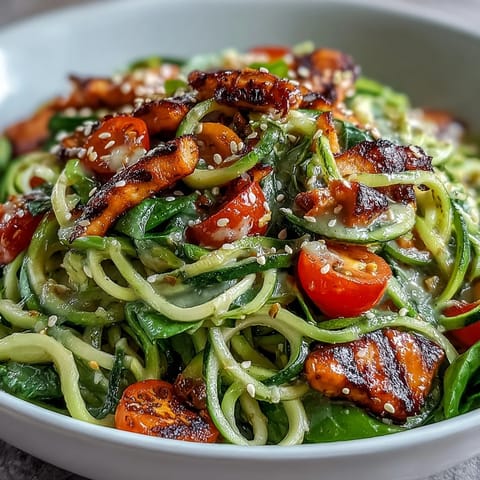 Wholesome spiralized vegetable bowl featuring colorful zucchini, sweet potato, and cherry tomatoes, garnished with sesame seeds and fresh herbs.  