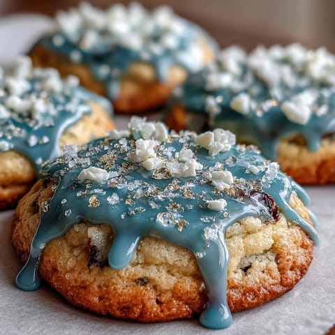 Pure Vanilla Cookie Run Kingdom sugar cookies with glossy royal icing, decorated in blue, white, and gold for a festive Cookie Run theme.  