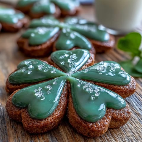 Festive shamrock-shaped sugar cookies decorated with bright green royal icing for St. Patrick's Day.