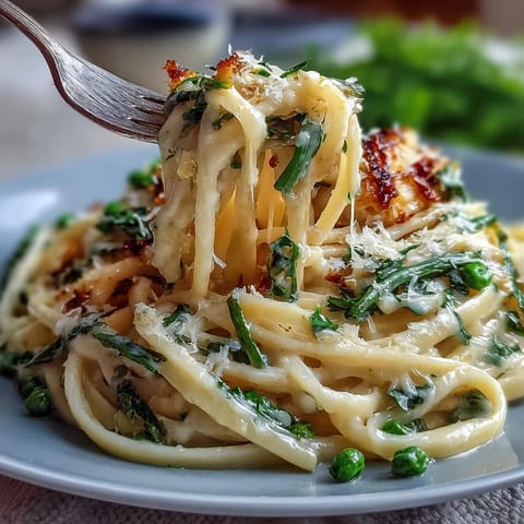 Creamy lemon butter pasta with peas and Parmesan, topped with fresh parsley and extra cheese.