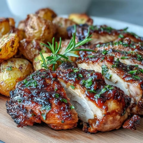 Lemon Herb Roasted Chicken with golden baby potatoes, fresh rosemary and thyme filling the kitchen with a savory aroma.