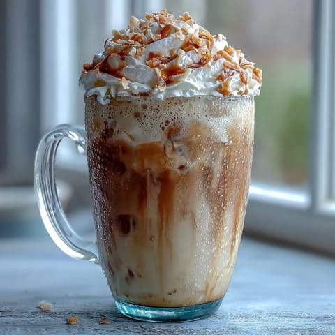 Creamy iced vanilla bean frappuccino with real vanilla bean and smooth coffee, topped with toasted coconut milk foam for a luxurious summer drink.