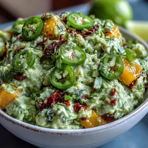 Creamy guacamole with mango and jalapeño, vibrant green and dotted with bright red tomato and fresh cilantro.