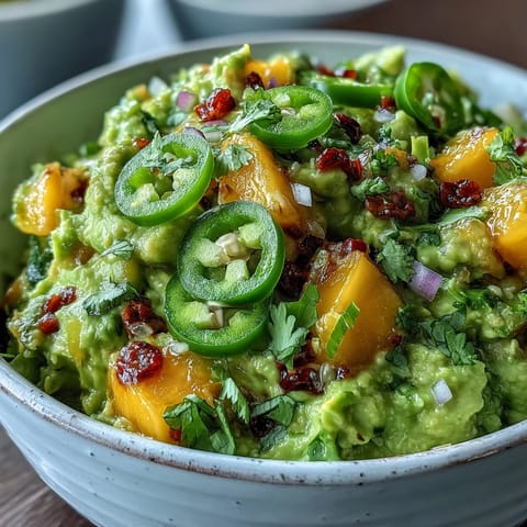 Fresh avocado dip mixed with sweet mango chunks and spicy jalapeño for a festive Cinco de Mayo appetizer.