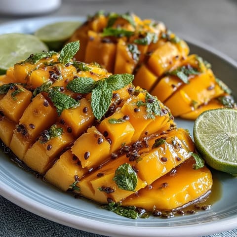 Vibrant tropical mango and pineapple fruit platter with fresh mint and lime garnish, perfect for summer parties and gatherings.