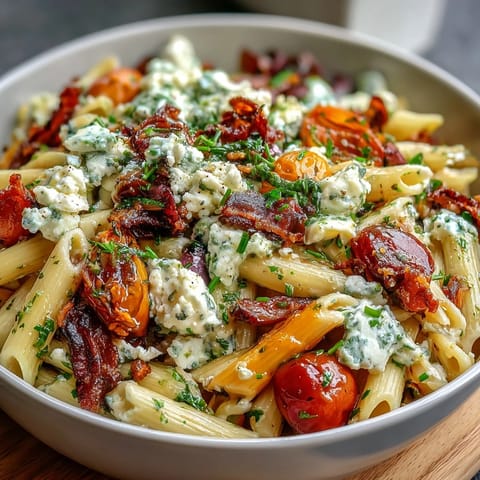 Mediterranean pasta salad featuring Kalamata olives, crumbled feta, and crisp cucumbers, tossed in a zesty herb dressing.