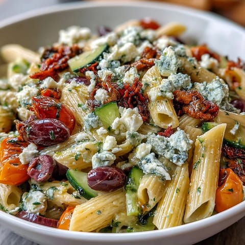 Greek pasta salad with olives and feta, vibrant with fresh vegetables and tangy cheese, perfect for summer picnics.