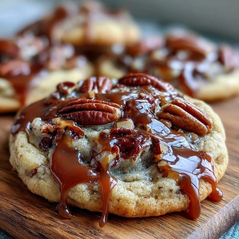 Golden butter pecan cookies with caramel swirl, showcasing toasted pecans and a glossy caramel drizzle baked into each chewy cookie.
