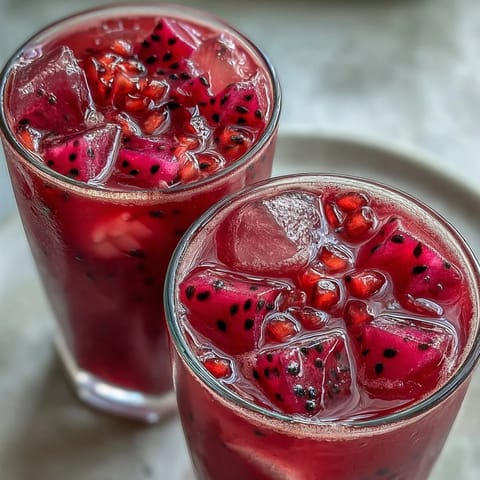 Vibrant Mango Dragonfruit Refresher with fresh fruit cubes and ice, a tropical Starbucks copycat drink perfect for hot summer days.