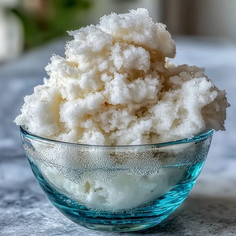 A frosty TikTok Cloud Slushie with fluffy, icy texture in a tall glass, garnished with a lemon slice and straw.