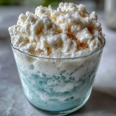 Two servings of TikTok Cloud Slushie, a light and bubbly lemon-lime slushie topped with sweetened condensed milk swirls.
