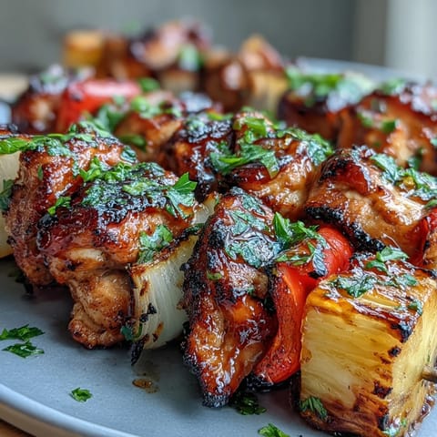 Grilled Pineapple Chicken Skewers feature juicy chicken and sweet pineapple chunks, perfect for a tropical summer barbecue.  