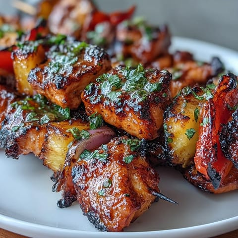 Colorful Grilled Pineapple Chicken Skewers with bell peppers and onions, offering a vibrant, healthy meal for any cookout.  