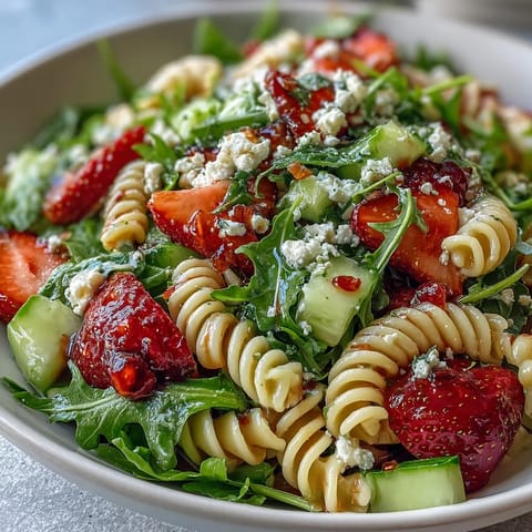 Fresh spring pasta salad with strawberries, feta, and arugula in a balsamic dressing, garnished with basil and pine nuts.