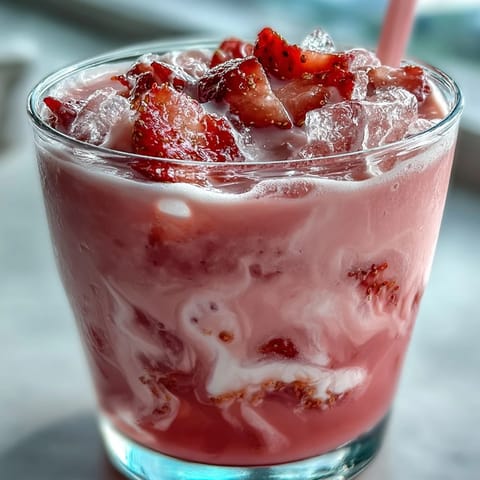 Refreshing pink starburst refresher with vibrant berry and citrus flavors, served over ice with fresh strawberry slices.