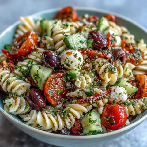 Easy Summer Pasta Salad with Italian Dressing in a white bowl, vibrant colors of tomatoes, cucumber, and bell peppers, topped with mozzarella balls and parsley.