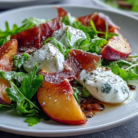 Creamy burrata, peaches, and prosciutto shine in this summer salad.