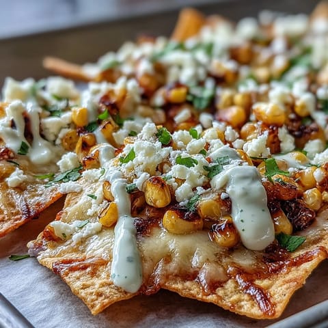 Loaded Elote Nachos with smoky chipotle crema, a perfect party appetizer.